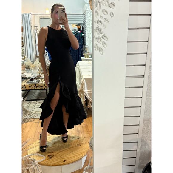 Betsy & Adam Arielle Scuba Crepe Ruffle Slit Asymmetrical Maxi Gown Black Size 8 - Picture 12 of 12